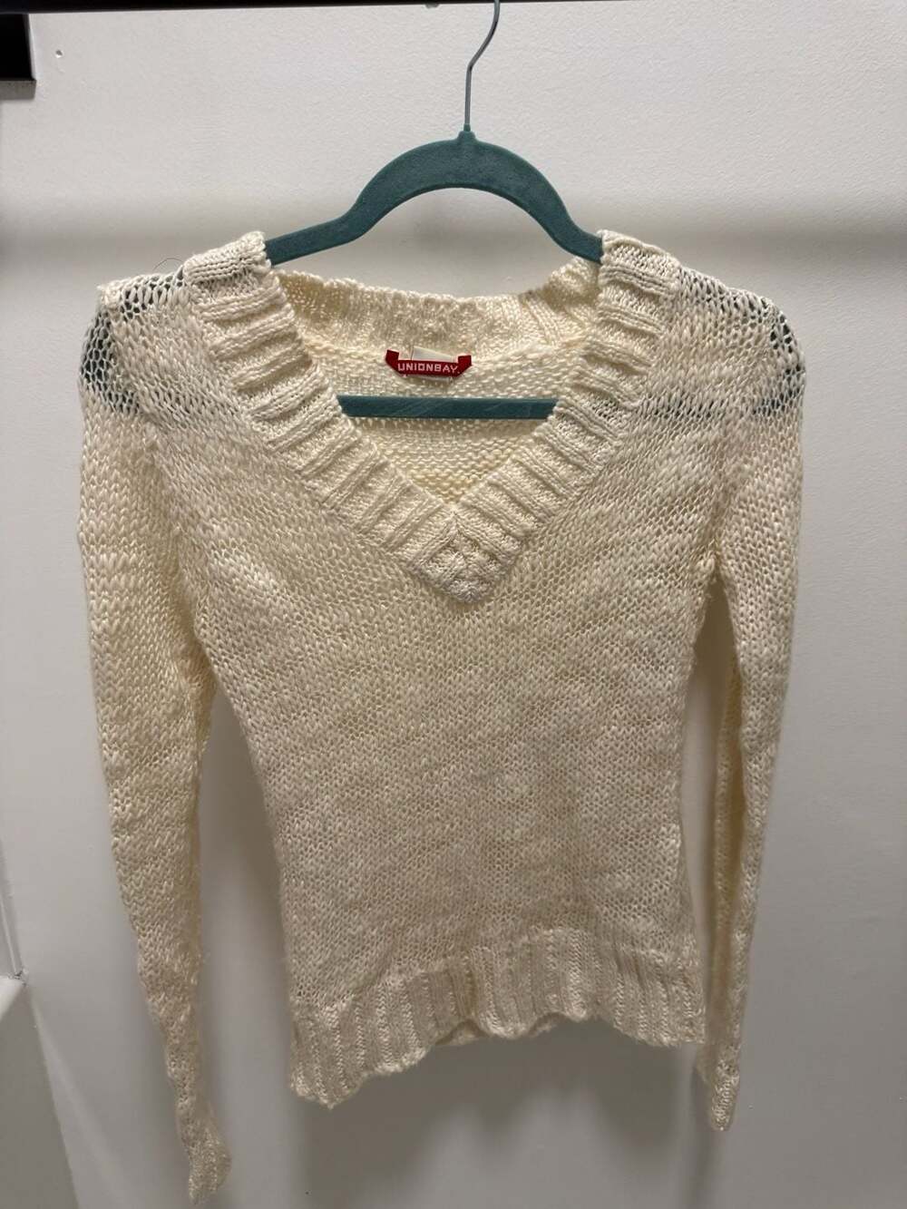 Unionbay Cream Open Knit V-Neck Sweater Size Small Y2K